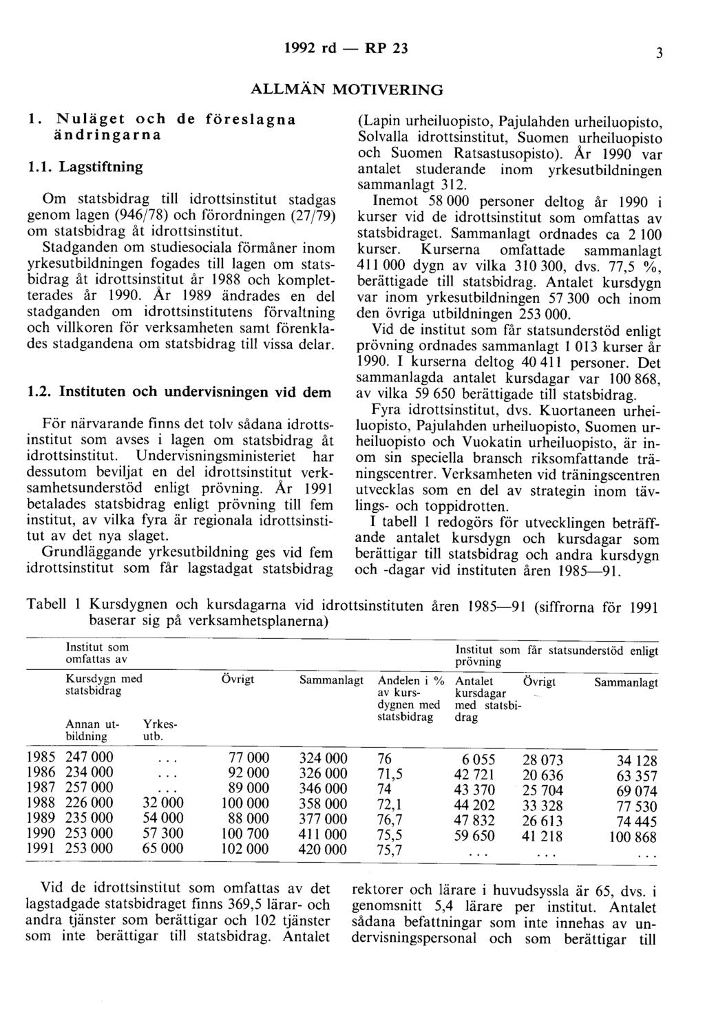 1992 rd - RP 23 3 ALLMÄN MOTIVERING l. Nuläget och de föreslagna ändringarna 1.1. Lagstiftning Om statsbidrag till idrottsinstitut stadgas genom lagen (946/78) och förordningen (27 /79) om