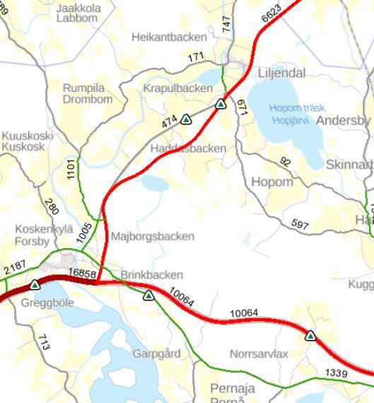 12 till planområdet. Den genomsnittliga trafikmängden på riksväg 6 vid planområdet år 2018 var 6705 fordon per dygn, varav den tunga trafikens andel var cirka 10 %.