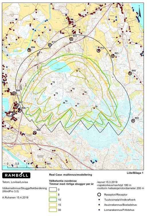 63 Figur 6-22. Modellering av rörliga skuggor. Modelleringen ger ett kalkylmässigt resultat av påverkan av rörliga skuggor i omgivningen.