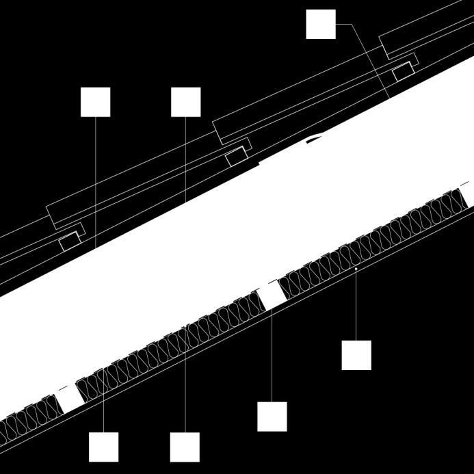 1: Ventilerad luftspalt 2: Vindskydd 3: Invändig beklädnad 4: Glespanel isolerat installationsskit 5: P-E folie 6: Mineralull 7: Takstol Figur 3.