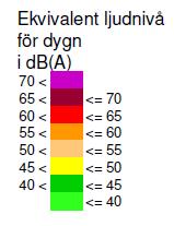 De högsta ljudnivåerna uppnås i planområdets södra och östra del (se bullerkartan nedan).