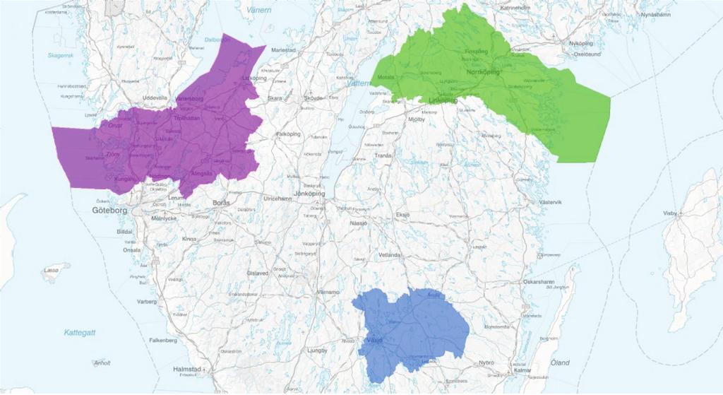 Material och methods INPUT DATA The study area used in the project were three production areas of Södra skogsägarna, shown on Figure 3: Linköping (green), Sollebrunn (purple), and Växjö (blue).