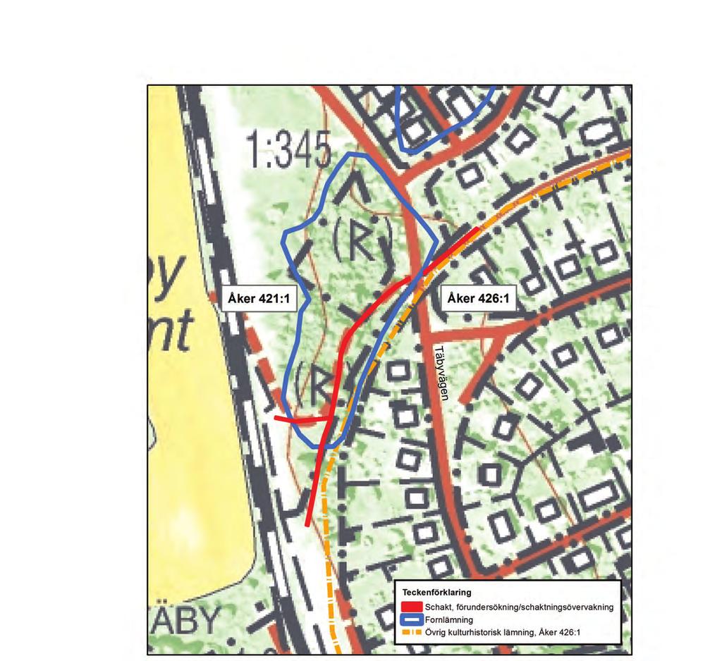 Figur 3. Den förundersökta/schaktningsövervakade ledningssträckan vid Åker 421:1 och Åker 426:1 markerad på den digitala fastighetskartan. Skala 1:2 000.