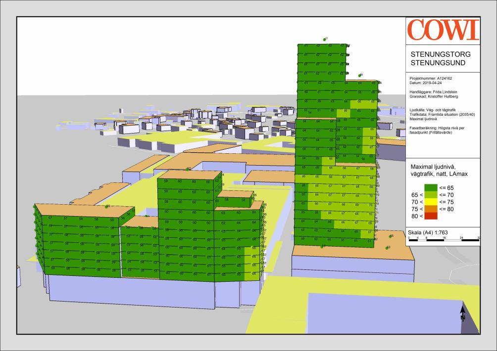RAPPORT TRAFIKBULLER 17 Figur 11 Maximala ljudnivåer vid fasad nattetid (kl 22-06) som frifältsvärden. 3D vy från syd. 5.