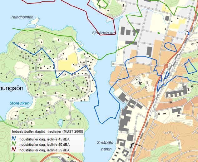 24 RAPPORT BULLER 6 Utvärdering industribuller Planområdet ligger söder om kommunens stora industriområde. En bullerutredning av buller från stora industrier utfördes av ÅF år 2008 4.
