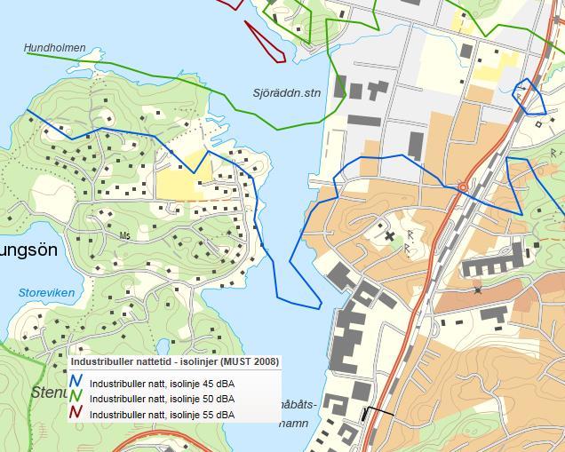 RAPPORT TRAFIKBULLER 25 Figur 23 Industribuller som ekvivalenta ljudnivåer nattetid i Stenungsund (MUST 2008 av ÅF 2009-06-11). Planområdet har inringats på kartan.