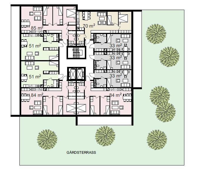 RAPPORT TRAFIKBULLER 7 Figur 3. Planlösning (normalplan) för hus B, höghuset. Med smålägenheter vid fasad mot öster.