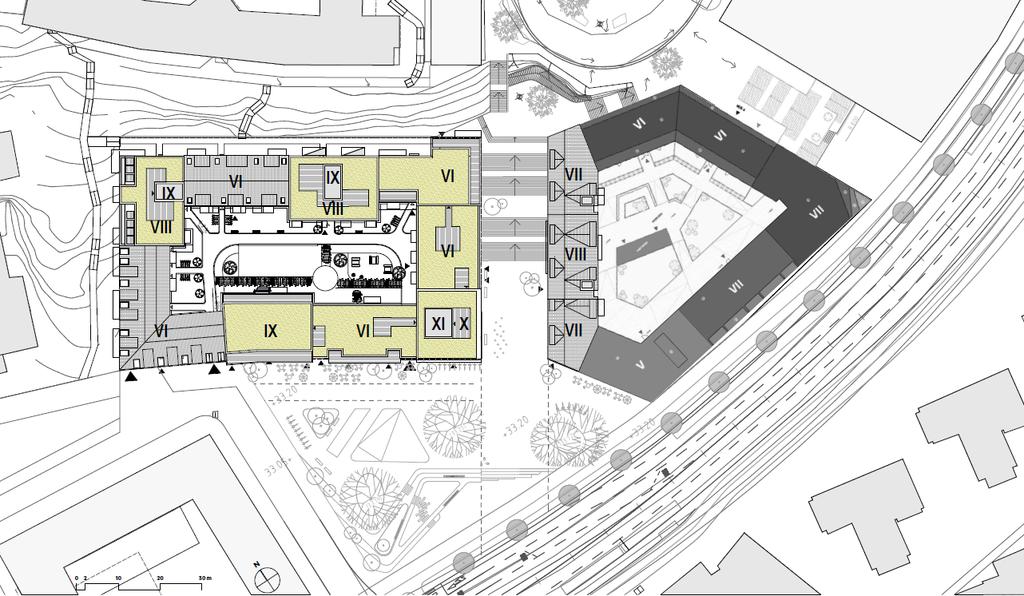 Planbeskrivning för Nya gatan - Elverkshuset 14 (48) 3. Planförslaget Ny bebyggelse 1. 2. Illustrationsplan över förslaget. Gul streckad linje visar preliminär avgränsning av planområdet.