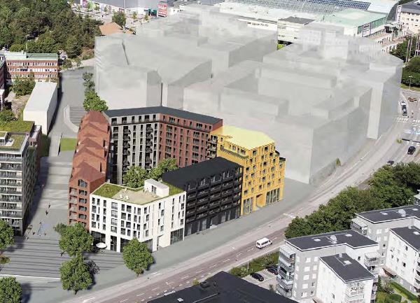 Planbeskrivning för Nya gatan - Elverkshuset 20 (48) Vy från söder som illustrerar en möjligutformning och gestaltning av kv. Brytaren mindre inom ramen för planförslagets bestämmelser.