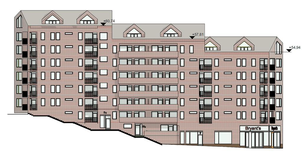 Planbeskrivning för Nya gatan - Elverkshuset 27 (48) Kv. Brytaren mindre, fasad mot väst (mot torget och trappkopplingen mellan kv. Brytaren mindre och kv. Brytaren).