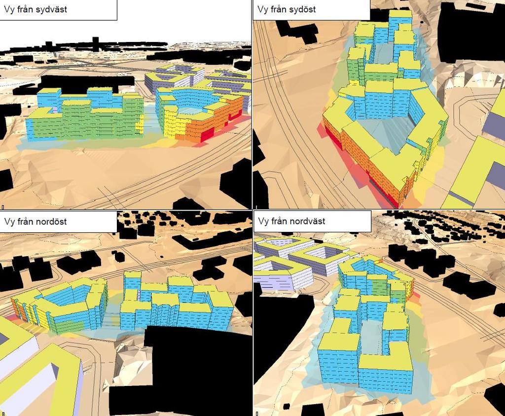 Planbeskrivning för Nya gatan - Elverkshuset 31 (48) Maximal ljudnivå vid fasad. Bild: Structor En gemensam uteplats, som klarar riktvärdena kan anordnas på kvarterens innergårdar.