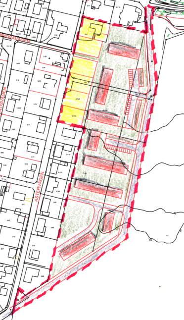 Planområdet, illustrerade byggnader för flerbostadshus samt område för enbostadshus (gult). 2 FÖRUTSÄTTNINGAR 2.