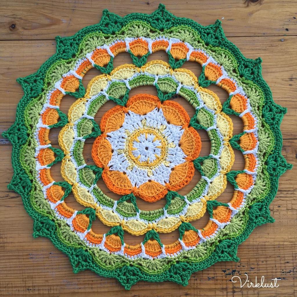 Citrus Mandala Garn: Scheepjes Catona i 8 färger Virknål: 3,0 (3,5 om du vet med dig att du virkar