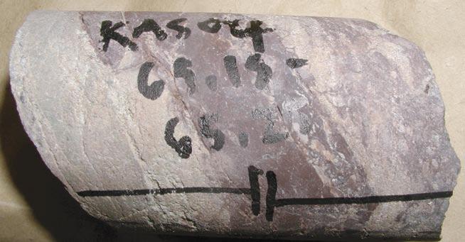 65.18 65.25 m: Sample type: Thin section. Rock type: Cataclasite/mylonite of fine-grained granite or of reddish grey, fine mediumgrained to medium-grained granodiorite to quartz monzodiorite.