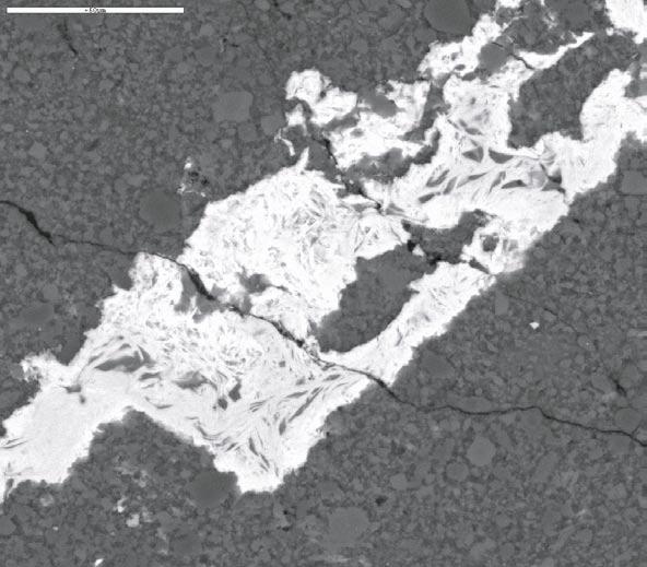 Figure A1. 65.18 65.25(2). Bright REE-carbonate in a cataclasitic matrix of more dark K-feldspar and quartz.