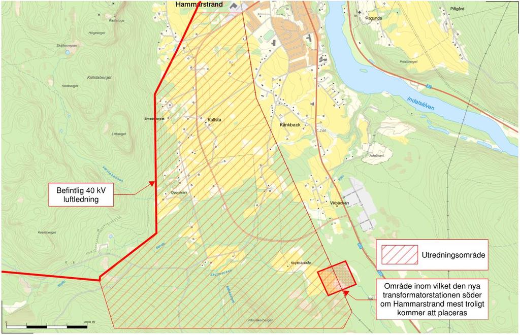 2.2 Utredningsområde Utredningsprocessen inleddes med att ett utredningsområde togs fram i syfte att avgränsa undersökningen av olika möjliga ledningsdragningar.