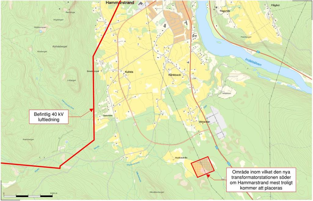 Figur 1:Den befintliga luftledning till vilken den nya ledningen skall anslutas samt det område inom vilket den nya transformatorstationen mest troligt kommer att placeras. 1.3 Tillstånd För att få bygga och använda en kraftledning krävs tillstånd, så kallad nätkoncession för linje.