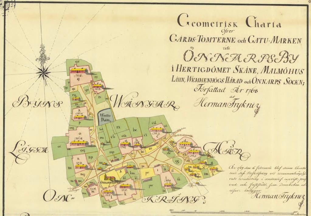 Fig. 4. Önnarps by visas på Utdrag ur Geometrisk karta från 1768. Jordarten i Önnarps by utgörs till allra största del av lerig morän. Inom byn är fosfathalterna kraftigt och mycket kraftigt förhöjda.