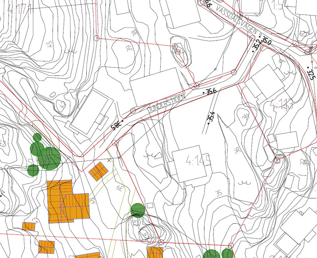 FÖRUTSÄTTNINGAR Gator och trafik Nuläge Dunderstigen är idag ca 65 m lång och går mellan korsningen med Vassdalsvägen fram till början på stigen mot utkiksplatsen.