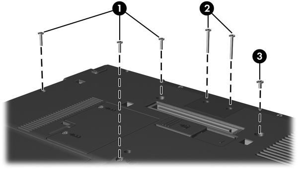 8. Ta bort de 6 tangentbordsskruvarna från datorns undersida: tre T8M2.0x9.0-skruvar 1, två T8M2.0x18.0-skruvar 2 och en T8M2.0x5.0-skruv 3.