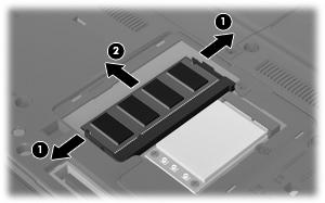 b. Fatta tag i kanten på minnesmodulen (2) och dra försiktigt ut modulen ur minnesmodulplatsen. Lägg den borttagna minnesmodulen i en antistatisk förpackning för att skydda den. 10.