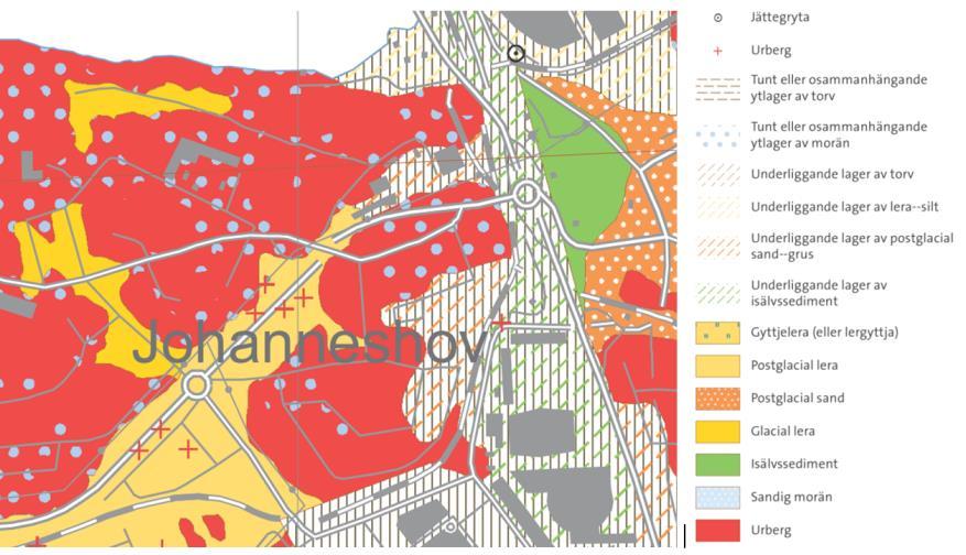 Figur 3. Geologiska markförhållanden i utredningsområdet (SGU, 2016). Figur 4. Resultat från geoteknisk inventering utförd av Grontmij AB, 2014. Ungefärligt utredningsområde markerat.