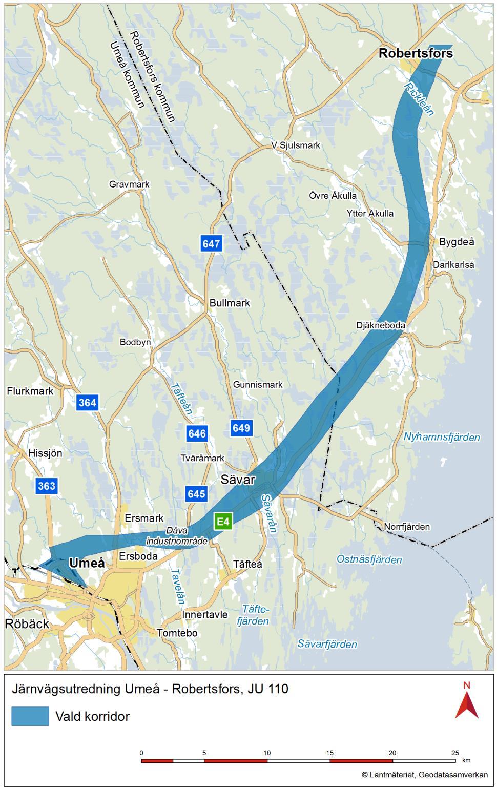 Figur 4 Beslutad korridor för sträckan Umeå Robertsfors, JU 110 1.4.4. Förstudier Under 2004 2006 genomfördes tre förstudier på sträckan Umeå Luleå.
