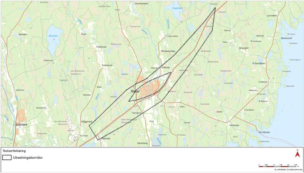2. Avgränsningar Alternativa järnvägssträckningar har studerats inom utredningsområdet som sträcker sig från Dåva i sydväst till kommungränsen mot Robertsfors i nordost.