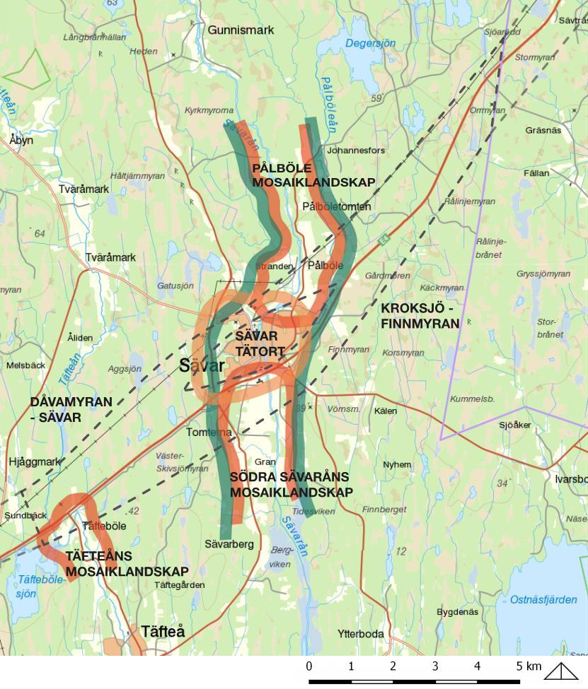 Figur 14 Karaktärsområden inom utredningskorridoren Dåvamyran-Sävar (flackt skogs- och myrlandskap): Vattenrikt barrskogsområde med sjöar och myrkomplex i nordsydlig riktning inom Täfteåns
