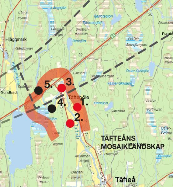 Karaktär: Mosaik av öppna marker och flikar av skogsmark, Täfteån meandrar, välvårdade gårdar och hus söder om E4:an.
