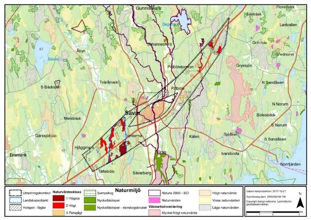 Figur 23 Naturmiljö och naturvärdesklasser inom utredningskorridoren 3.9.1.