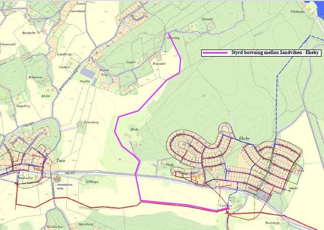 Bild 3. Ungefärligt läge för den mest sannolikt ledningsdrag vid planalternativ 1. Överföringsledningar i åkermark kan borras mellan 250-400 m i taget.