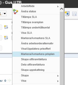 Ta bort felaktig prisplan och klicka på ny rad för att välja en annan prisplan från underhållsavtalet. Notera att detta bör ändras på nya AO och alltid innan kostnader angivits.