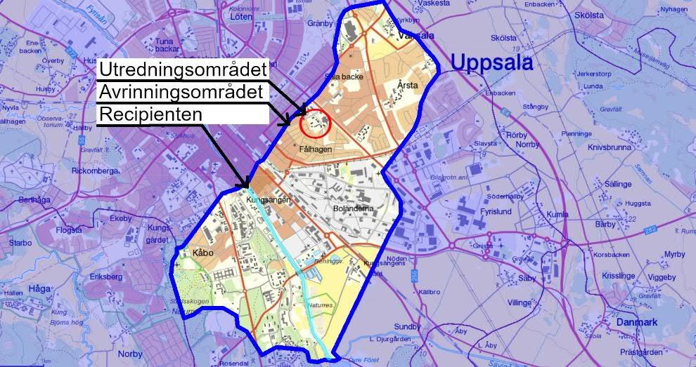 Figur 8. Avrinningsområdet, där utredningsområdets ungefärliga placering är inringat med rött, recipienten accentuerad med turkost. Bildkälla VISS, 2018. 5.