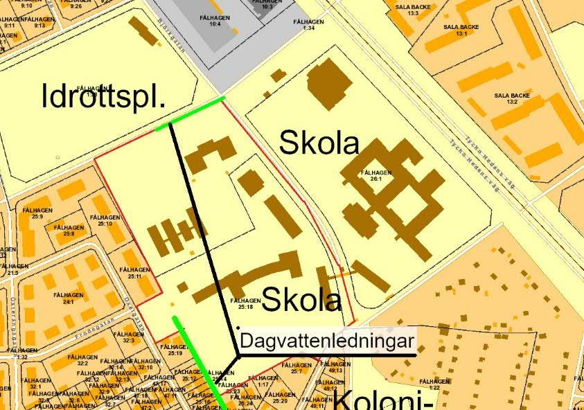 Almtunaskolan byggdes på tidigt 50-tal och det finns sannolikt dagvattenledningar i utredningsområdet, även om underlaget har saknats i framtagandet av denna dagvattenutredning. Figur 2.