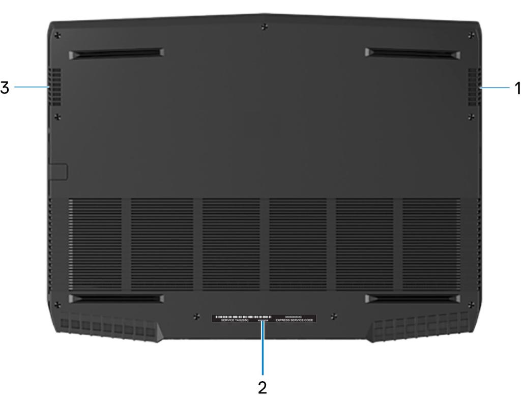 5 Nätadapterport Anslut en nätadapter för att förse datorn med ström och ladda batteriet. Underdel 1 Höger högtalare Ger ut ljud.