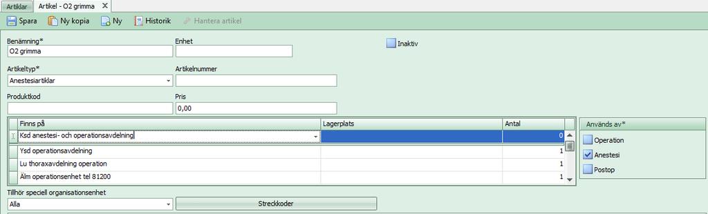 Om uppgifterna stämmer med det du önskar så kan artikeln läggas till din operationsavdelning. Nu visas din förvalda operationsavdelning SPARA! 3.