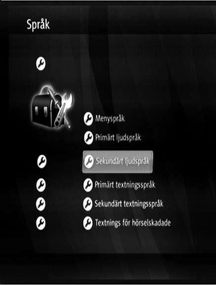 Språk I språk-menyn kan du justera meny-, textnings- och ljudspråk. Menyspråk Välj mellan Engelska, Polska, Finska eller Svenskt menyspråk.