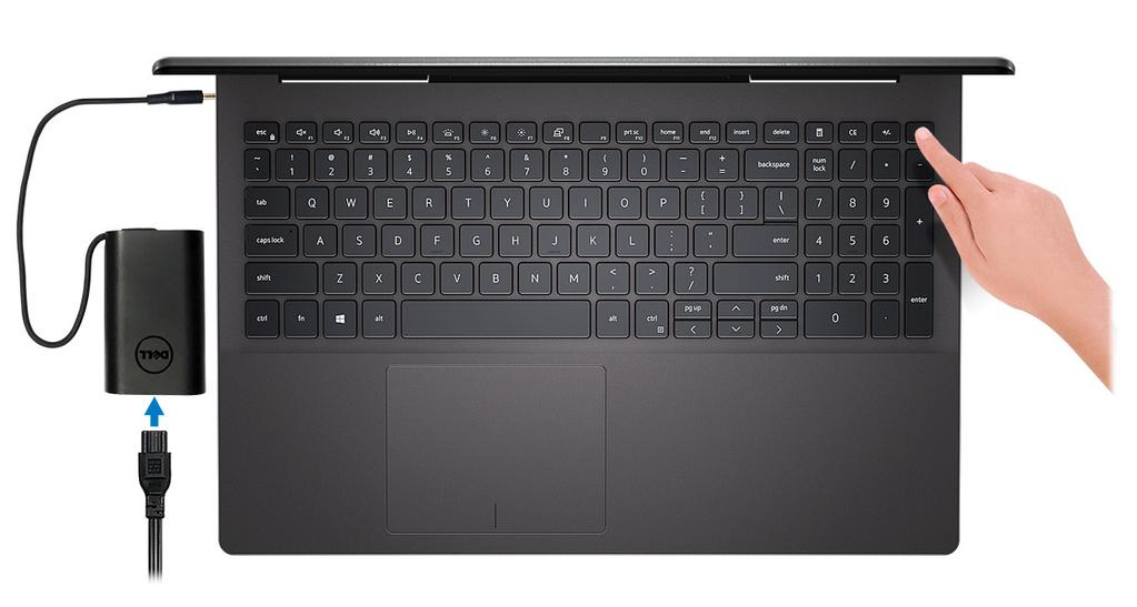 Ställa in din Inspiron 7590 1 OBS: Bilderna i det här dokumentet kan skilja från din dator beroende på konfigurationen du beställde. 1 Anslut nätadaptern och tryck på strömbrytaren.