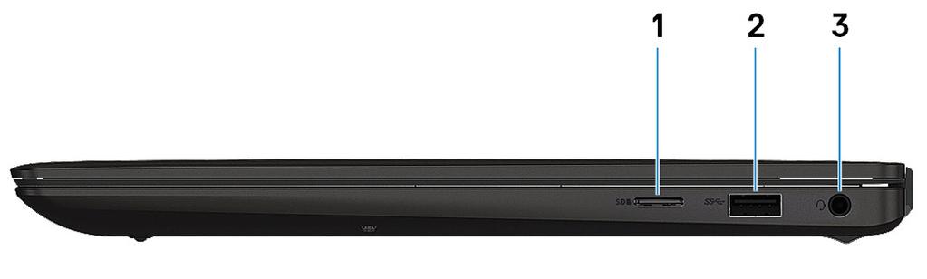 2 Vyer av Inspiron 7590 Höger 1 microsd-kortplats Läser från och skriver till microsd-kortet. 2 USB 3.1-port Gen 1 Anslut kringutrustning, såsom lagringsenheter och skrivare.