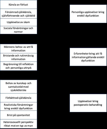 Resultat Analysprocessen genererade i 12 stycken underteman som omstrukturerades till tre större teman; personliga upplevelser kring erektil dysfunktion, erfarenheter till att få information gällande