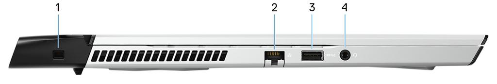 Vyer av Alienware m17 R2 Vänster 1 Säkerhetskabeluttag (kilformat) Här kan en säkerhetskabel anslutas för att förhindra att obehöriga flyttar datorn.