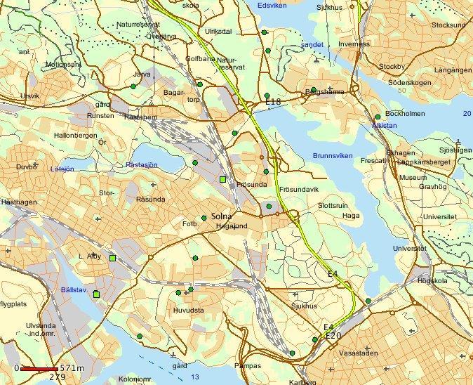 Solna stad - Stöld från bil- bildelsstöld, totalt 33 i december 2018. Teckenförklaring: En grön prick = 1 brott, en grön fyrkant = 2-5 brott. En gul fyrkant = 6-10 brott.