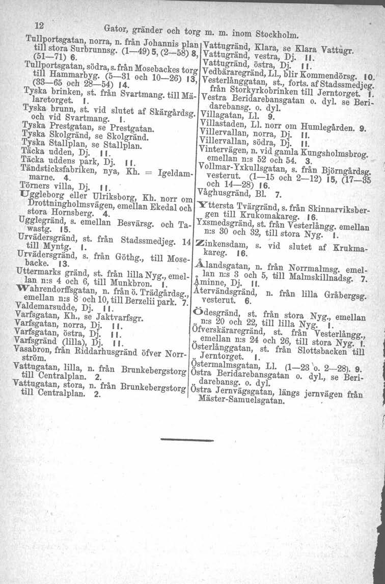 12 Gator, gränder och torg m. m. inom Stockholm. Tnllportsgatan, norra, n. från Johannis plan Vattngränd, Klara, se Klara Vattugr. till stora Surbrunnsg. (1-49) 5, (2-58) 8, Vattugränd, vestra, Dj.