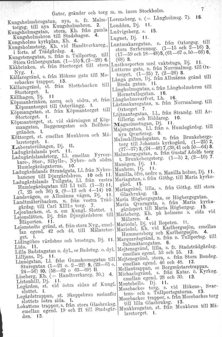 I 7 fator, gränder och torg m. m. inom Stockholm. 16. KungsholmsbrogataJ!l, nya, n. fr. Malm- Lorensberg, s. (= Långholmsg. 7). torgsg. till nya ]rungsholmsbron. 2. Loudden, Dj. Il.