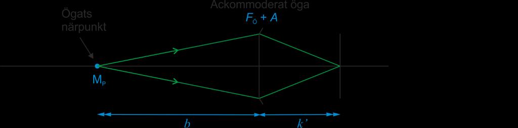 Optik 1 57 Figur 11.3 Närpunkt i ackommoderat öga Avståndet till närpunkten från ögat brukar betecknas b (se Figur 11.3 Närpunkt i ackommoderat ögafigur 11.