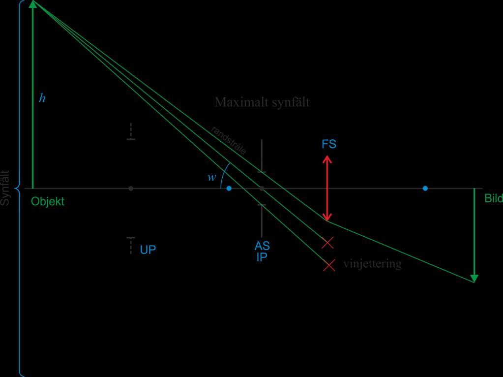 5 Synfält för full belysning Synfält för full belysning utgörs av den del av objektet som kan avbildas utan att några strålar vinjetteras, dvs.