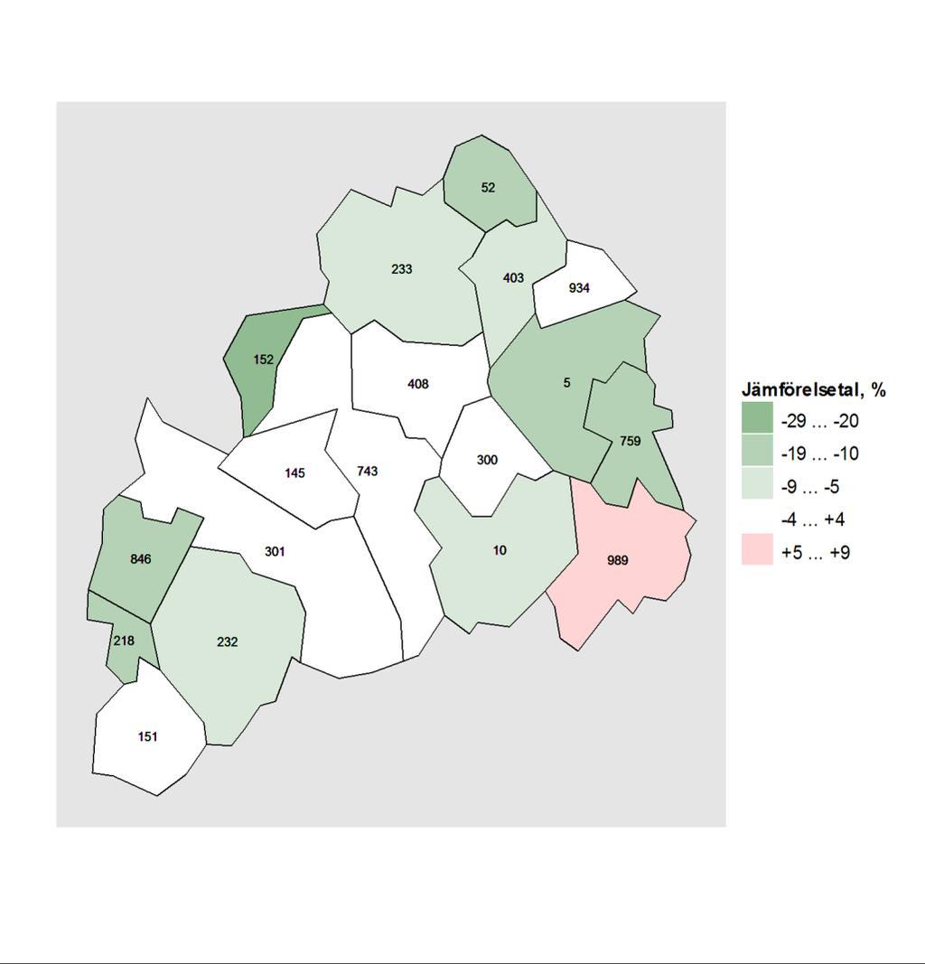 Karta 1. Vårdperioder till följd av skador och förgiftningar i regionens kommuner 2010 2014 jämfört med situationen i hela landet. Karta: Lantmäteriverkets Generalkarta 1:4 500 000, 2011.