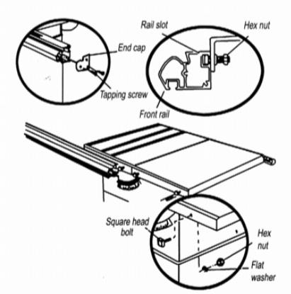 2.Sätt in huvudbultarna i bordet och förlängningen, så att bulthuvudena sträcker sig 6 mm. 3.Montera en platt bricka och en sexkantsmutter till varje bult. 4.