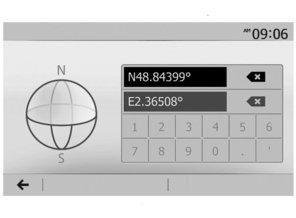 KOORDINAT Med den här funktionen kan du definiera en destination med hjälp av värdena för latitud och longitud.